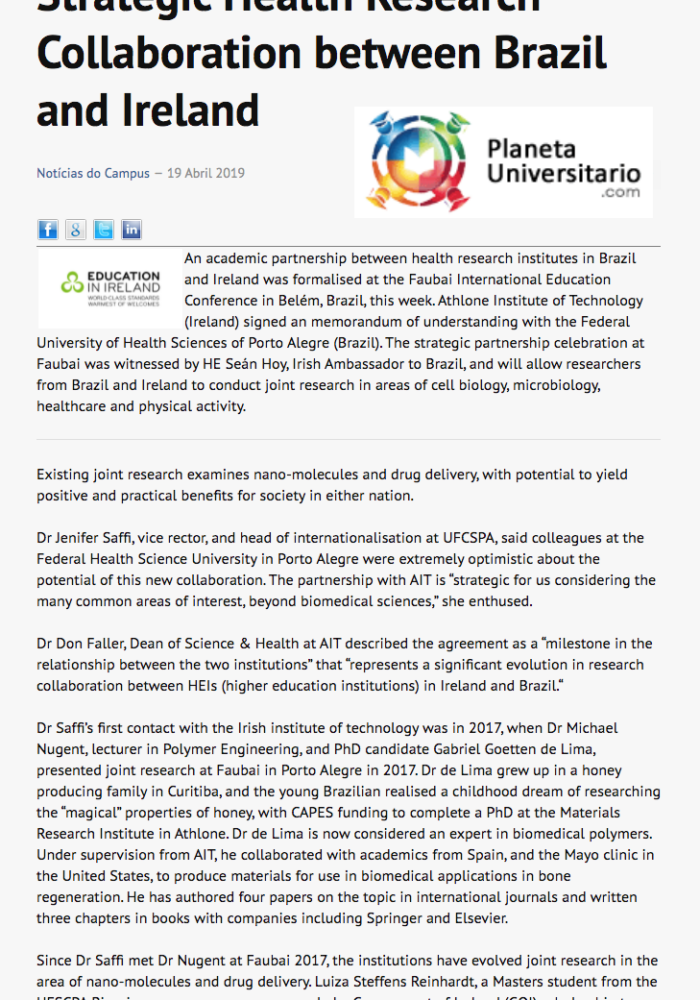 Coverage of academic partnership between Brazil and Ireland.  Planeta Universitário.