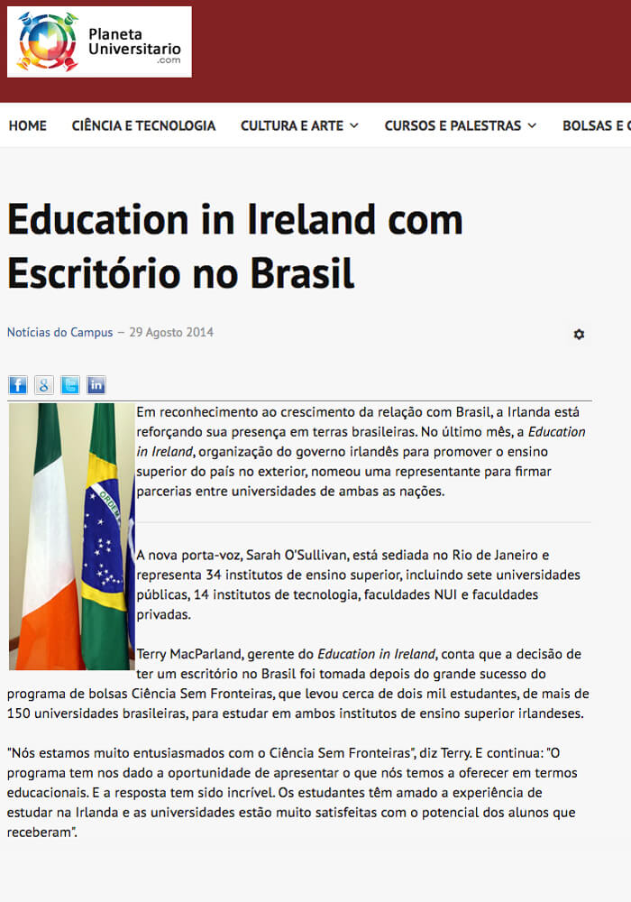 Announcing the beginning of Education in Ireland representation in Brazil.  Planeta Universitário.