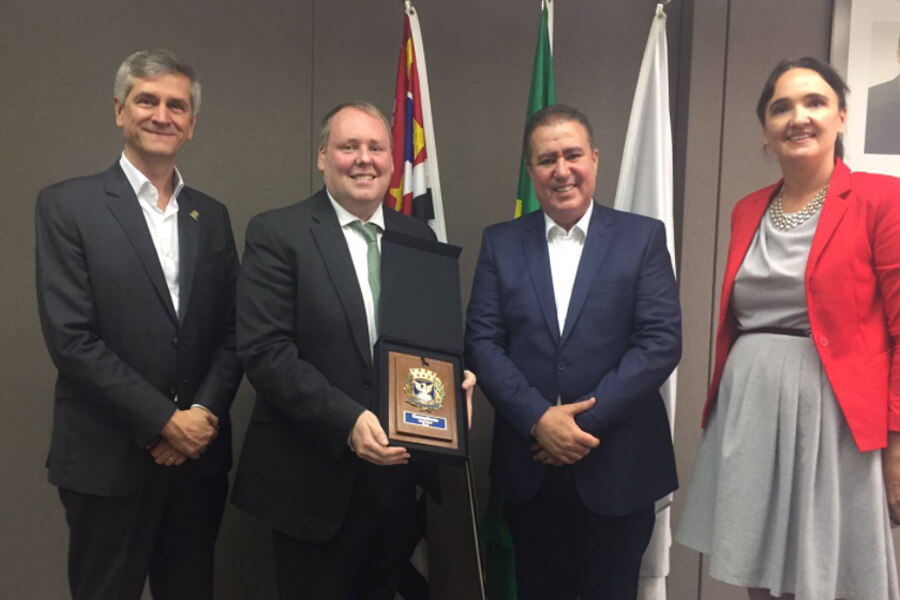Visit to the Mayor's Office in Campinas.  Pictured: (L-R) André Van Zuben, Municipal Secretary for Economic, Social and Tourism Development; Consul General Barry Tumelty; Jonas Danisette, Mayor of Campinas; SOS Director Sarah O'Sullivan